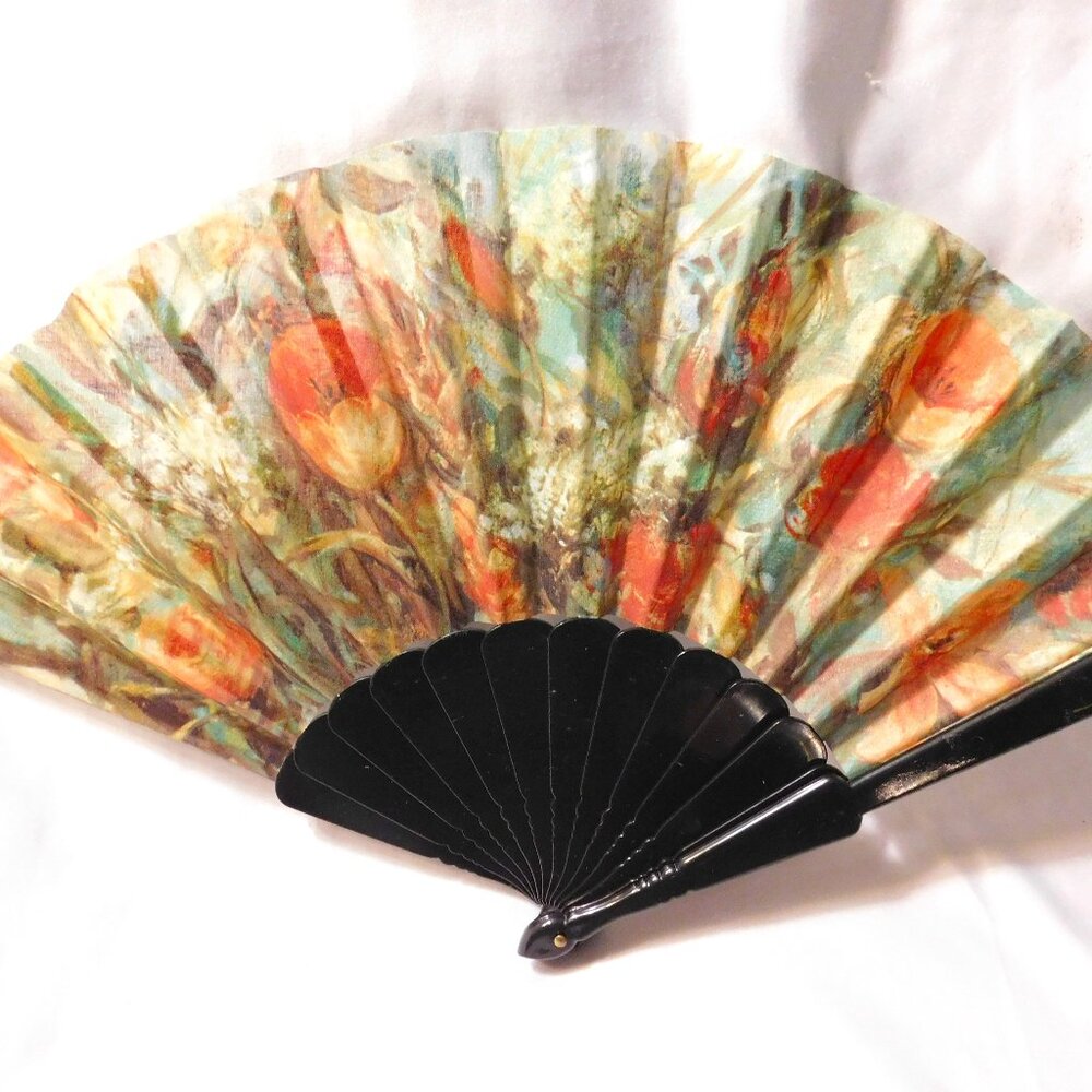 Vintage Edna Hibel Floral Design Fabric Expanding Hand Fan